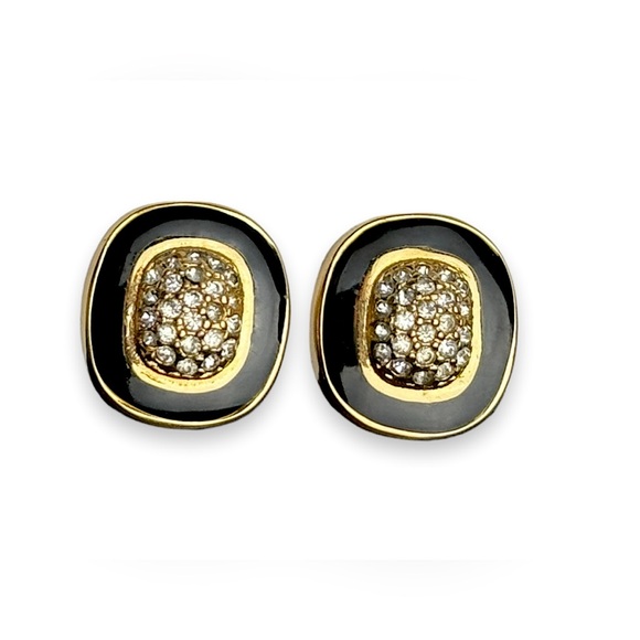 Vintage Christian Dior Black Enamel and Rhinestone Earrings - Picture 1 of 9